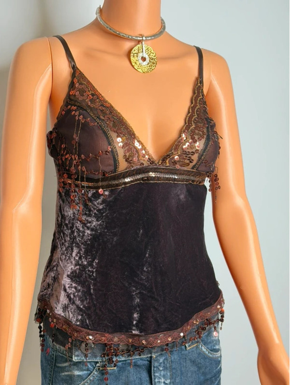 Vintage Y2K Brown Velvet Sequin Beaded Fringe Cami Top Romantic Fairy Grunge